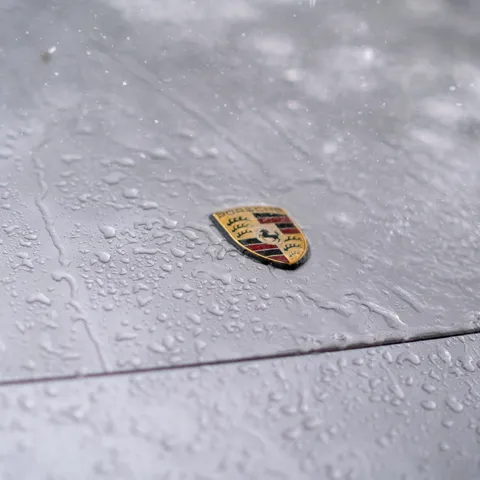 Hood crest under rain