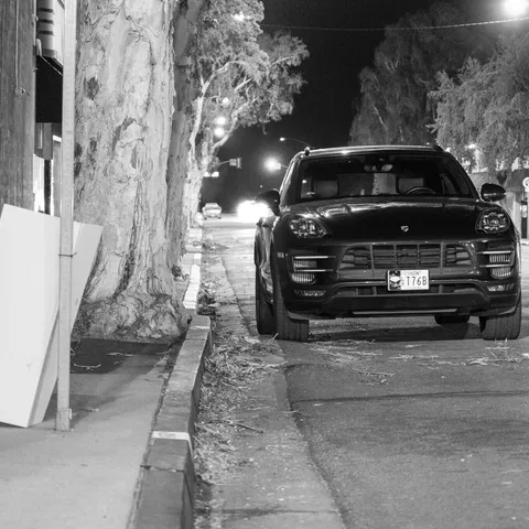 Macan on a side street after dark, black and white